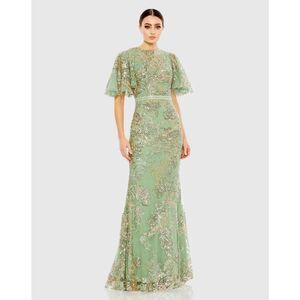 NWT Mac Duggal Women's Embellished Flutter Sleeve High Neck Gown Size US16 $898
